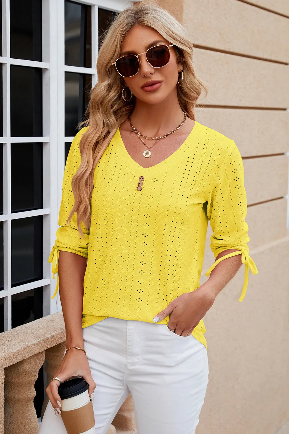 Eyelet Drawstring V-neck Half Sleeve T-shirt (23)