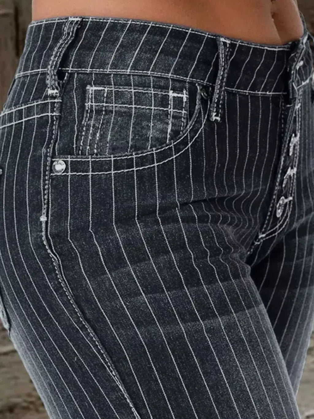 Striped Button Fly Flare Jeans (10)