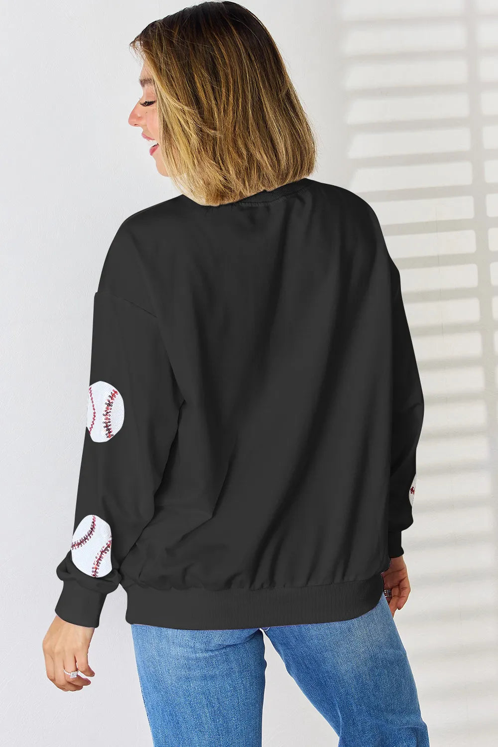 Sequin Baseball Round Neck Dropped Shoulder Sweatshirt (13)