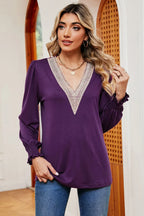Lace Detail V-neck Lantern Sleeve T-shirt (12)