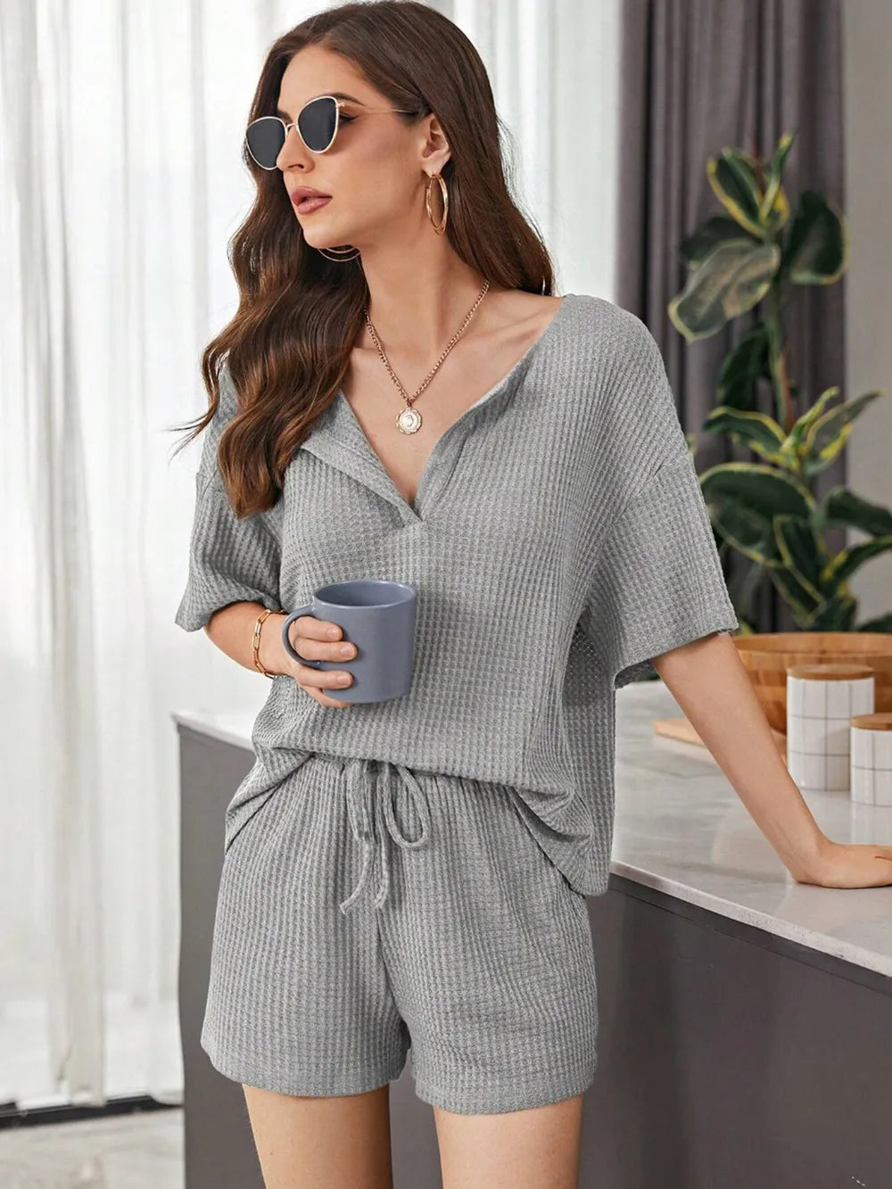 Full Size Waffle-knit Dropped Shoulder Top Shorts Set (4)