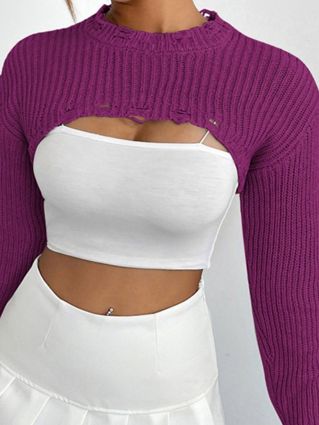 Distressed Long Sleeve Cropped Sweater (12)
