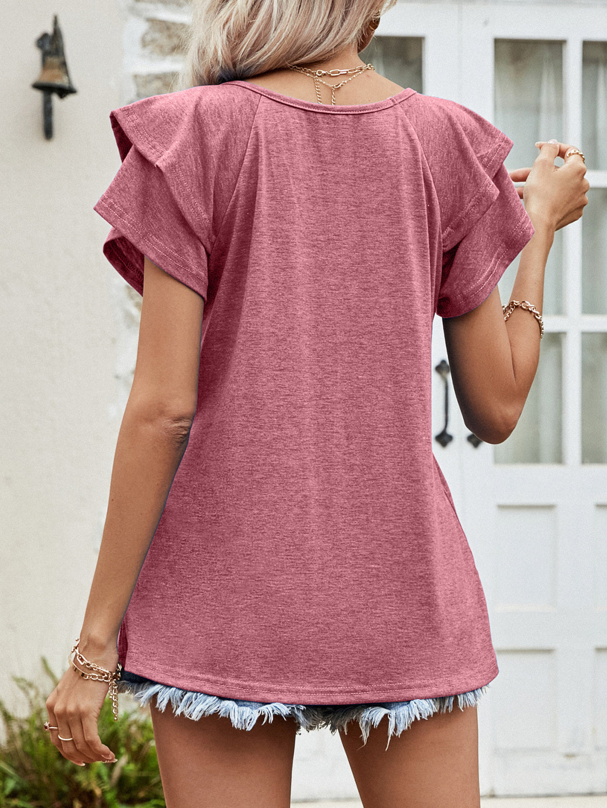 Layered Flutter Sleeve V-neck Top (12)