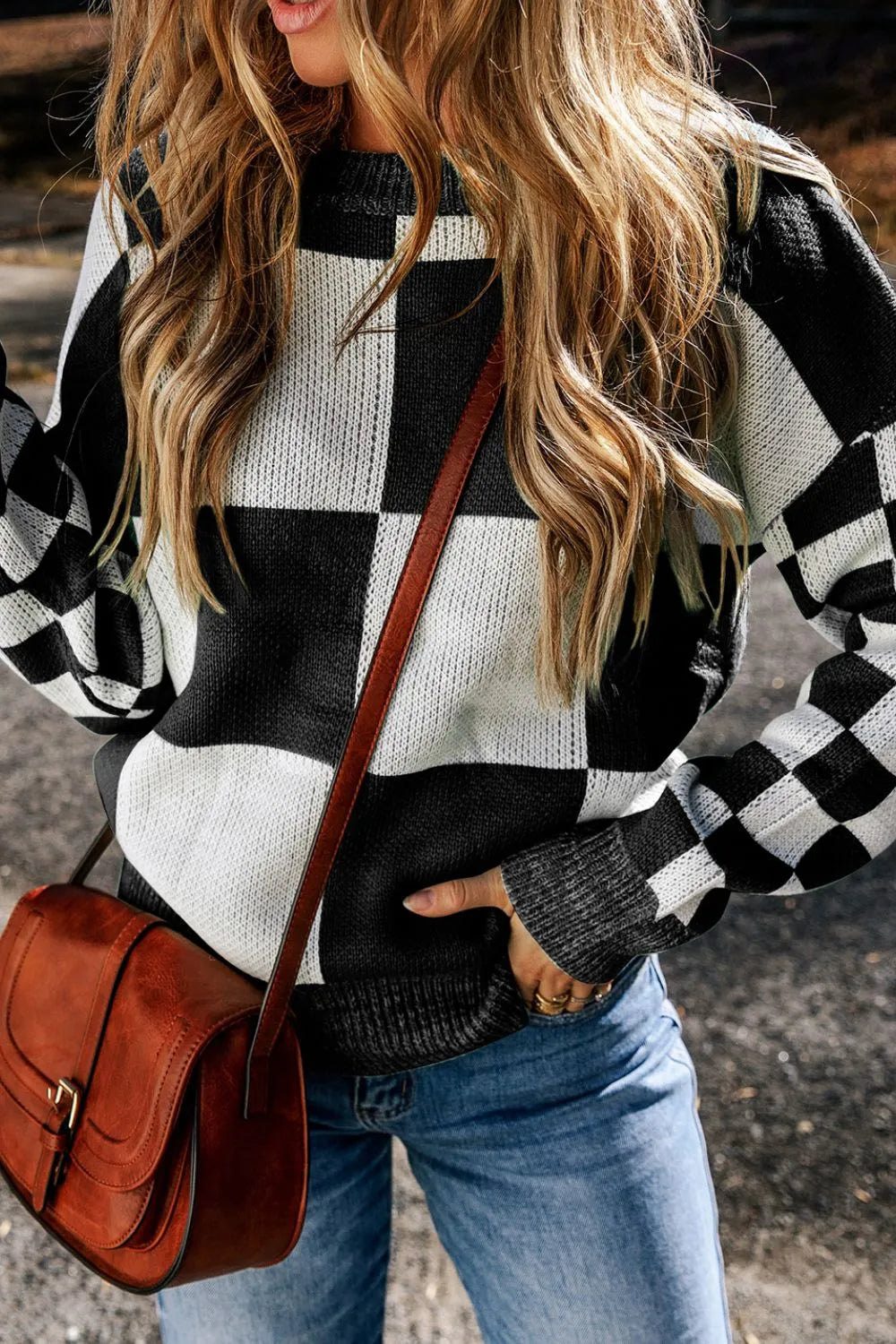 Checkered Round Neck Drop Shoulder Sweater (17)