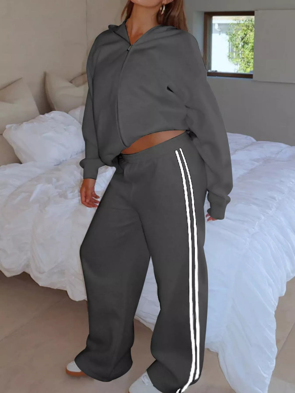 Zip Up Hoodie Striped Pants Set (20)