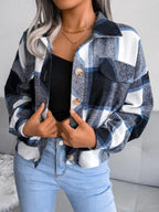 Plaid Collared Neck Long Sleeve Jacket (2)