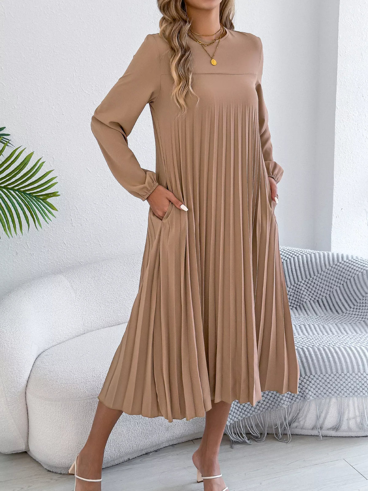 Pleated A-line Midi Dress (2)