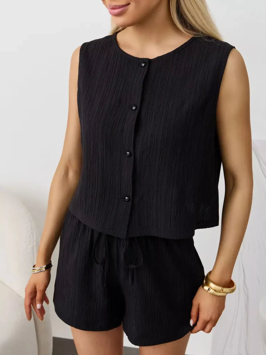 Textured Round Neck Tank Shorts Set (10)