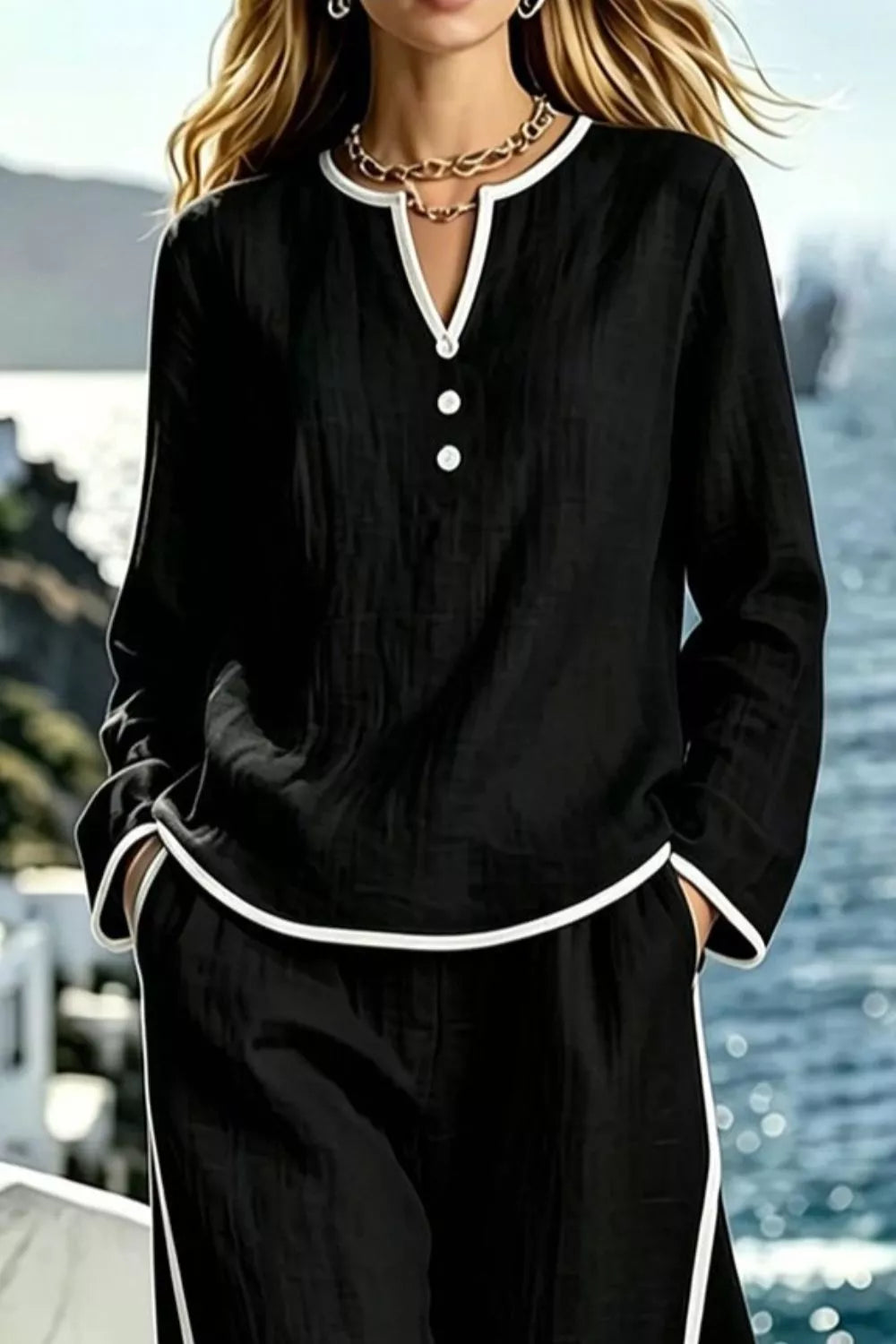 Contrast Trim Long Sleeve Top Pants Set (9)