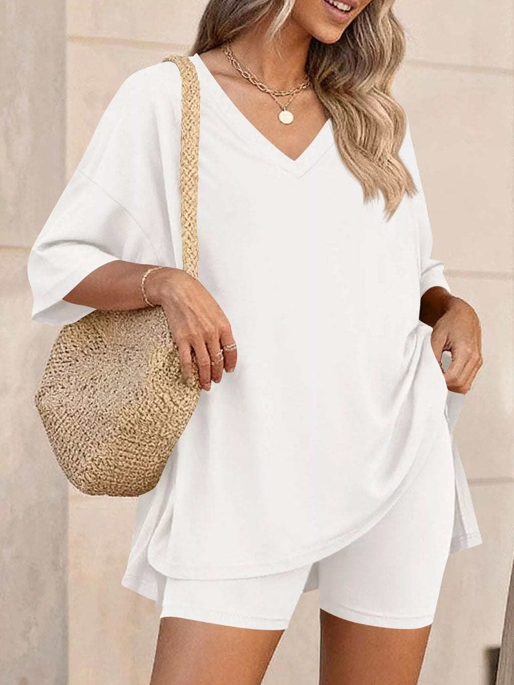 Full Size Casual Loose V-neck T-shirt Shorts Set Plus (2)