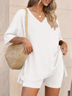 Full Size Casual Loose V-neck T-shirt Shorts Set Plus (2)