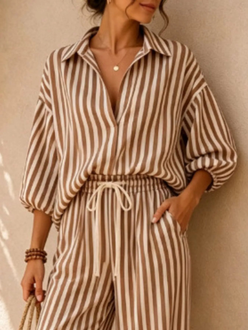 Striped Collared Shirt Wide-leg Drawstring Pants Set (5)
