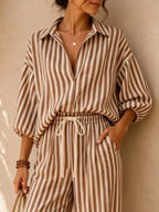 Striped Collared Shirt Wide-leg Drawstring Pants Set (5)