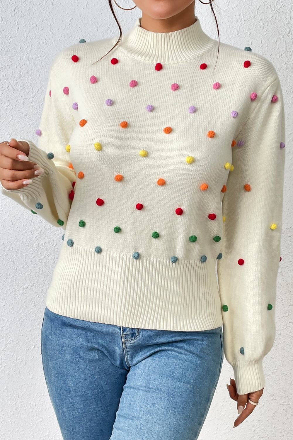 Pom-pom Trim Mock Neck Long Sleeve Pullover Sweater (5)