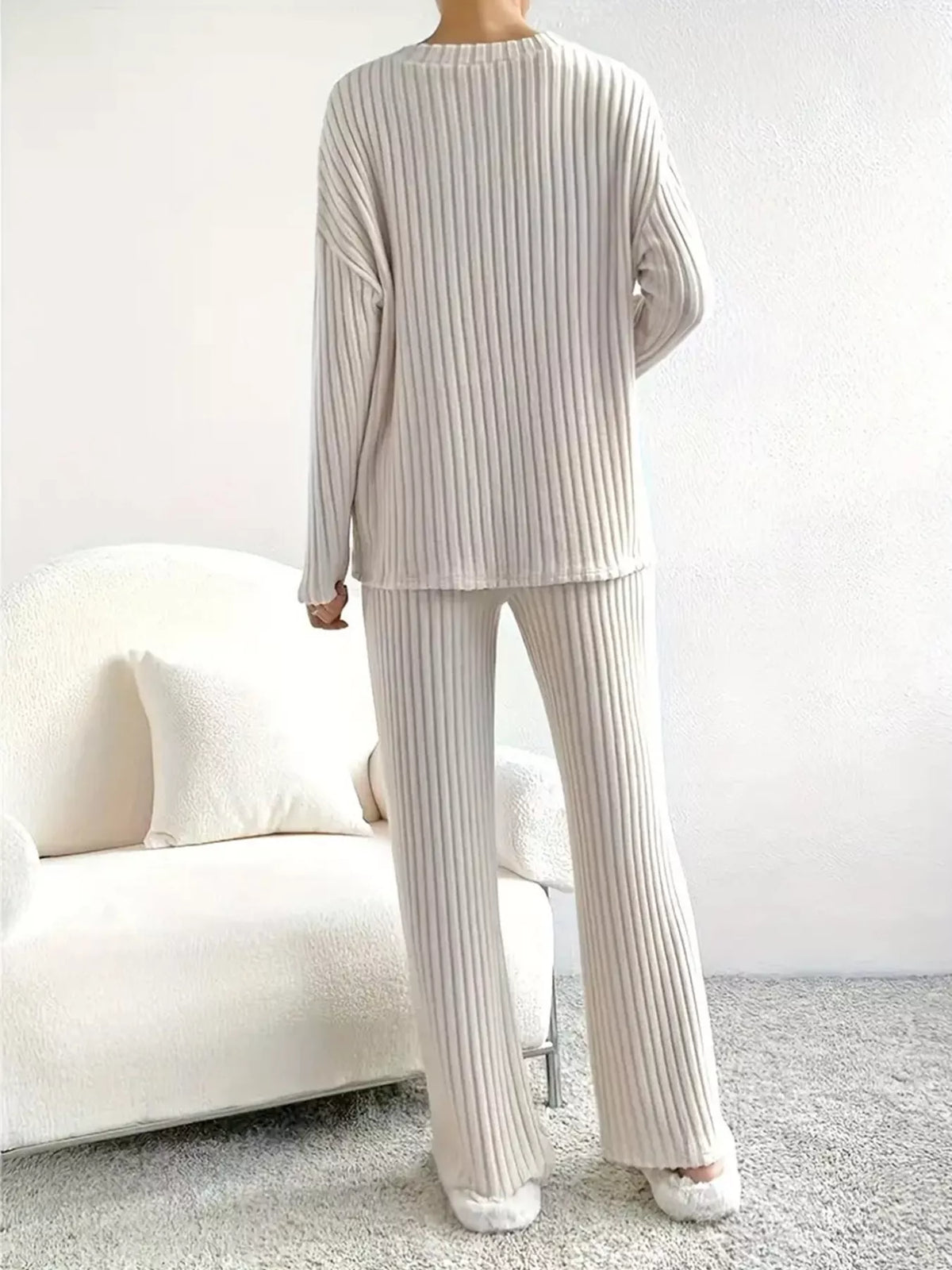 Ribbed Knit V-neck Top Pants Set (4)