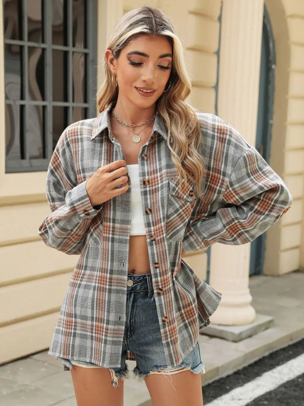 Pocketed Plaid Collared Neck Long Sleeve Shirt (5)