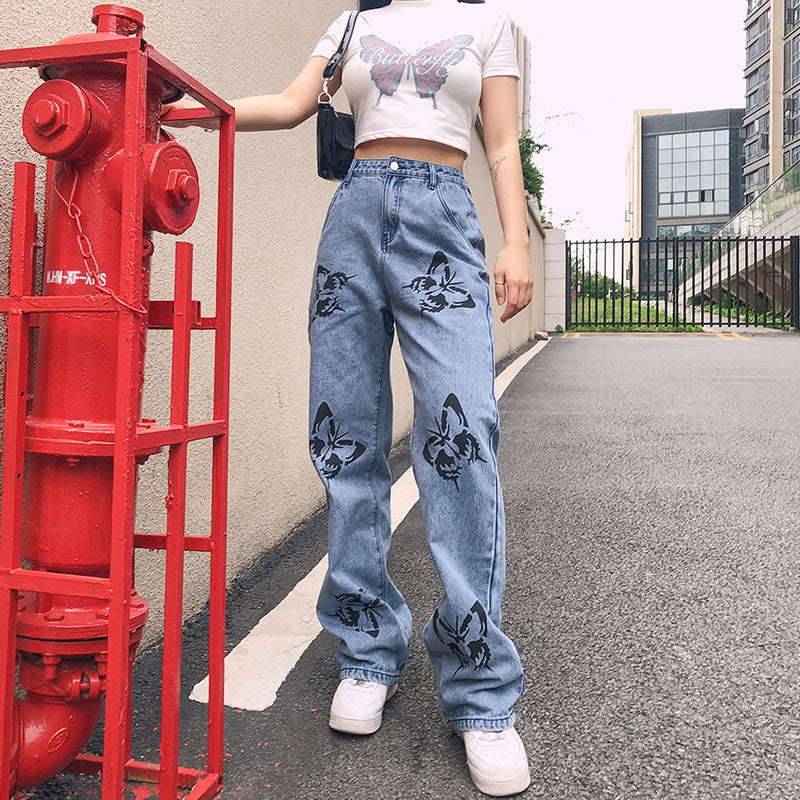 Floral Butterfly Print Wide-leg Jeans photo 5