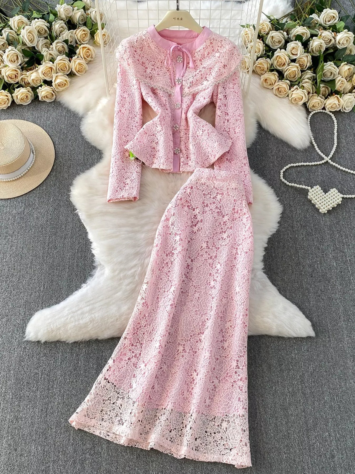 Lace Button Up Top Skirt Set