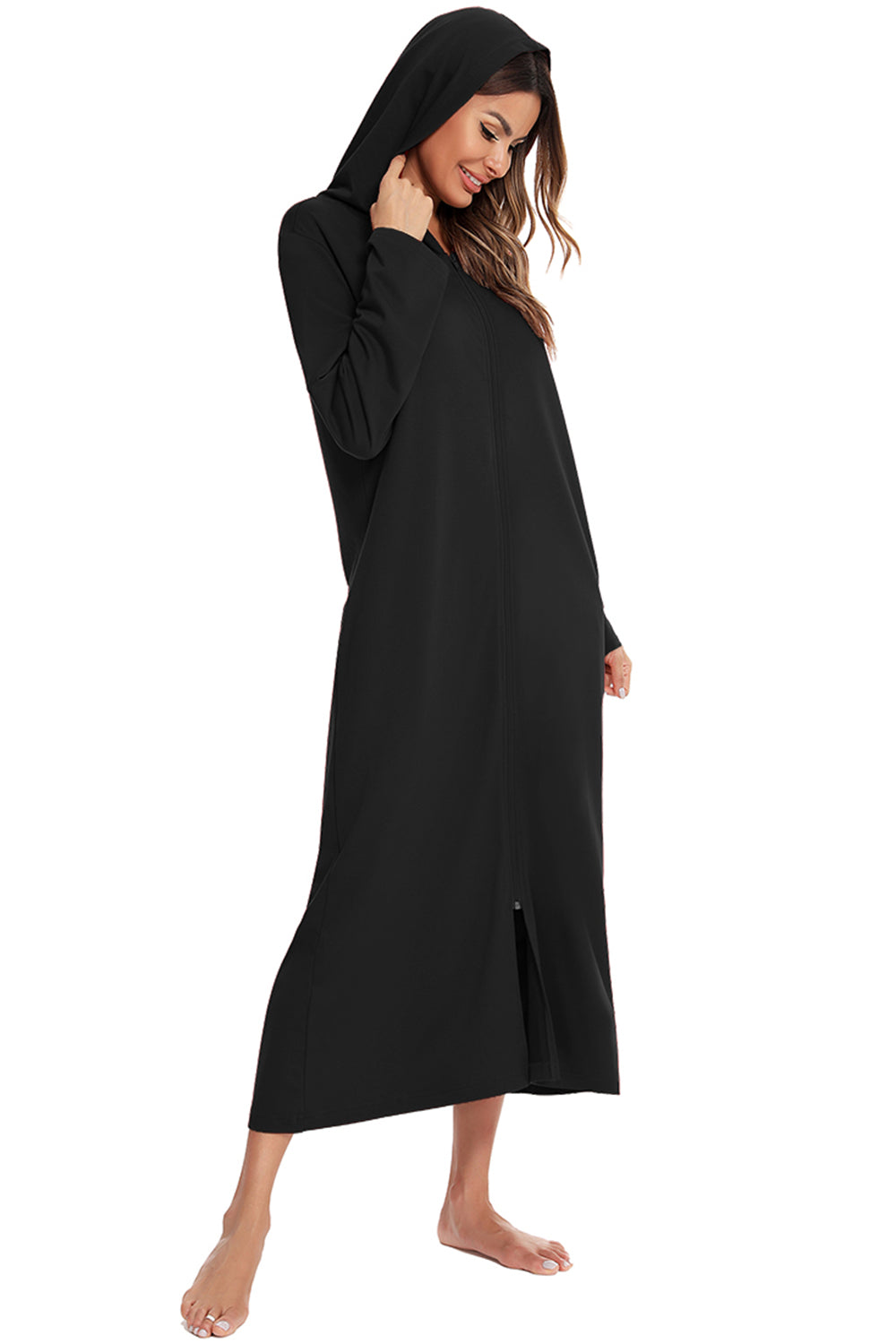 Zip Front Hooded Night Dress Pockets (5)