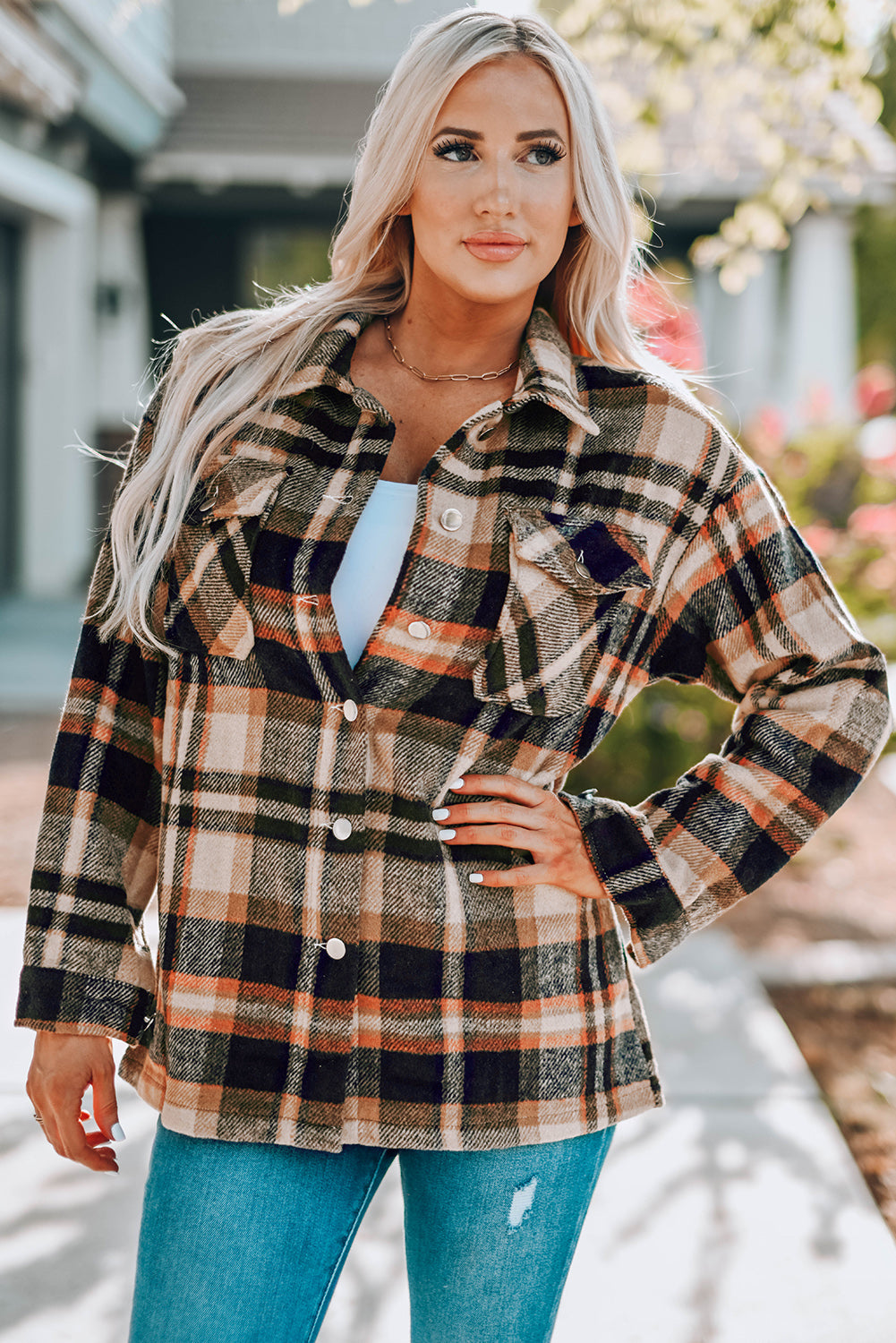 Plaid Button Front Shirt Jacket Breast Pockets (19)