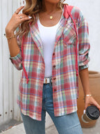 Plaid Button-up Hooded Shirt Chest Pocket (16)