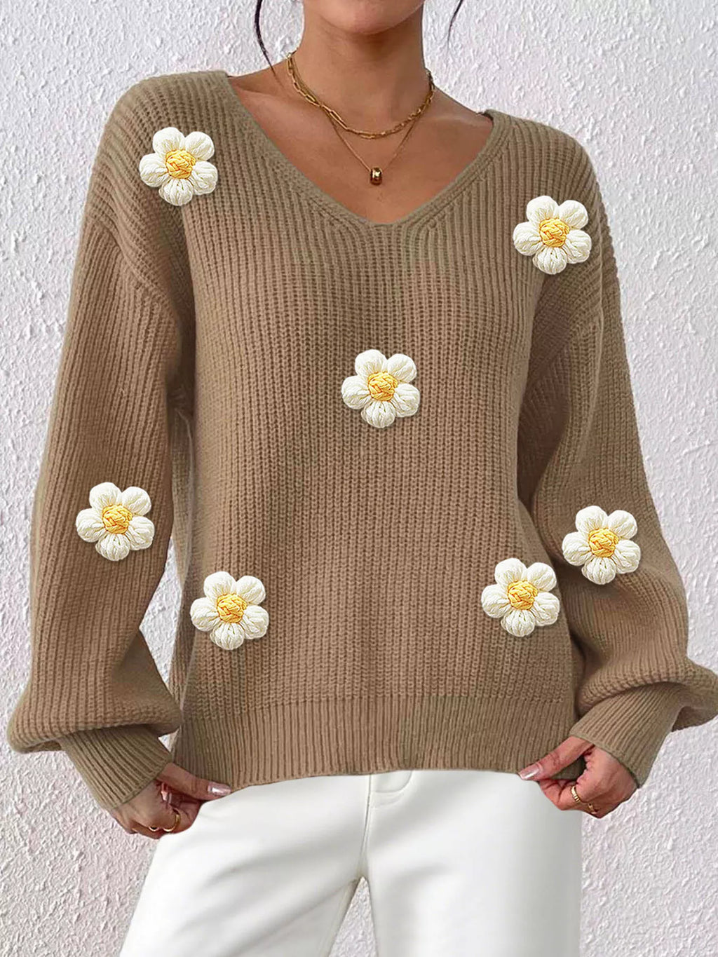 Floral Applique V-neck Sweater (14)