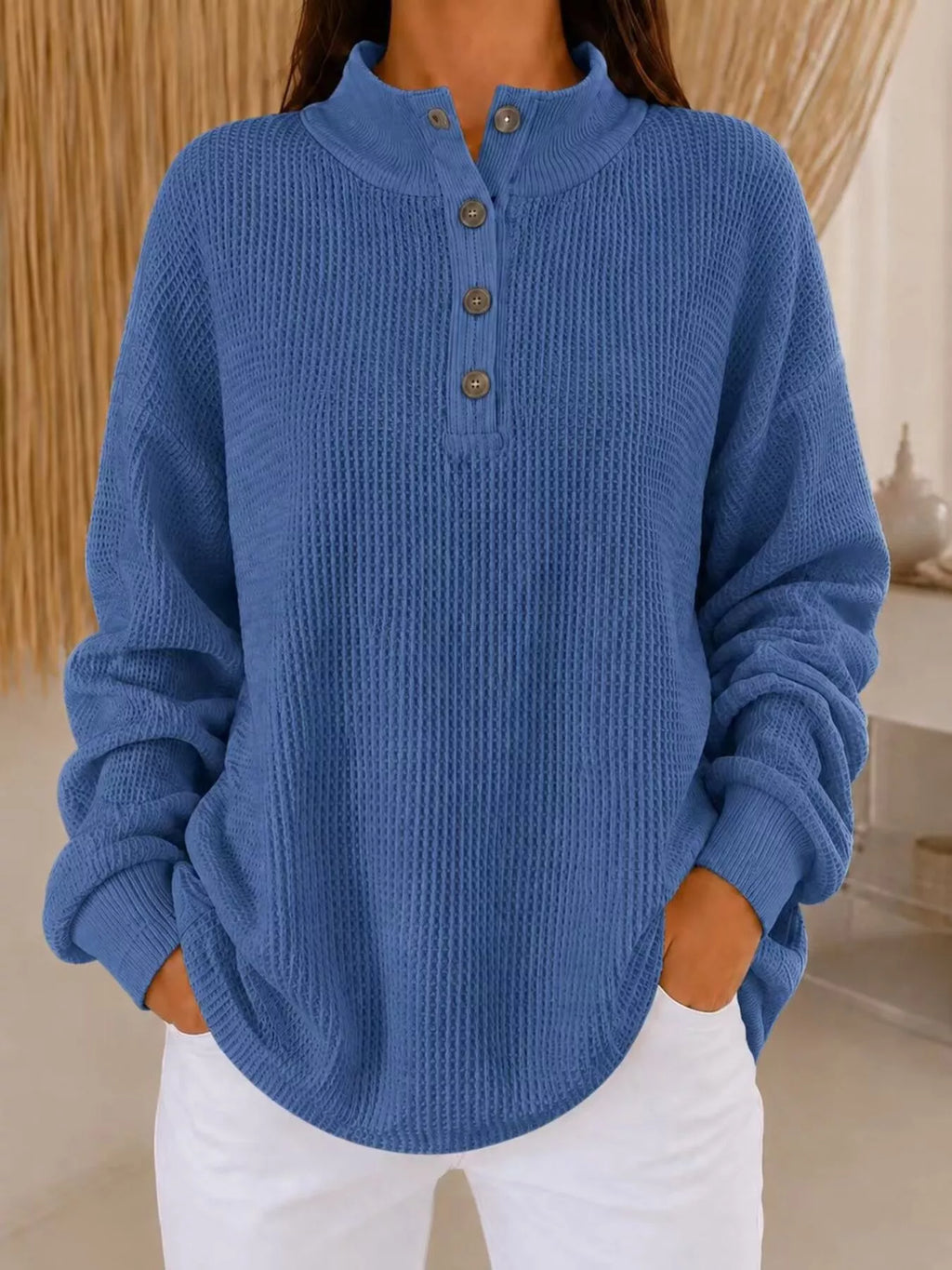 Full Size Waffle Knit Button Detail Sweatshirt Plus (7)