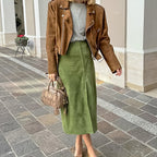 Avocado Green Suede Skirt High Waist Slimming photo 1
