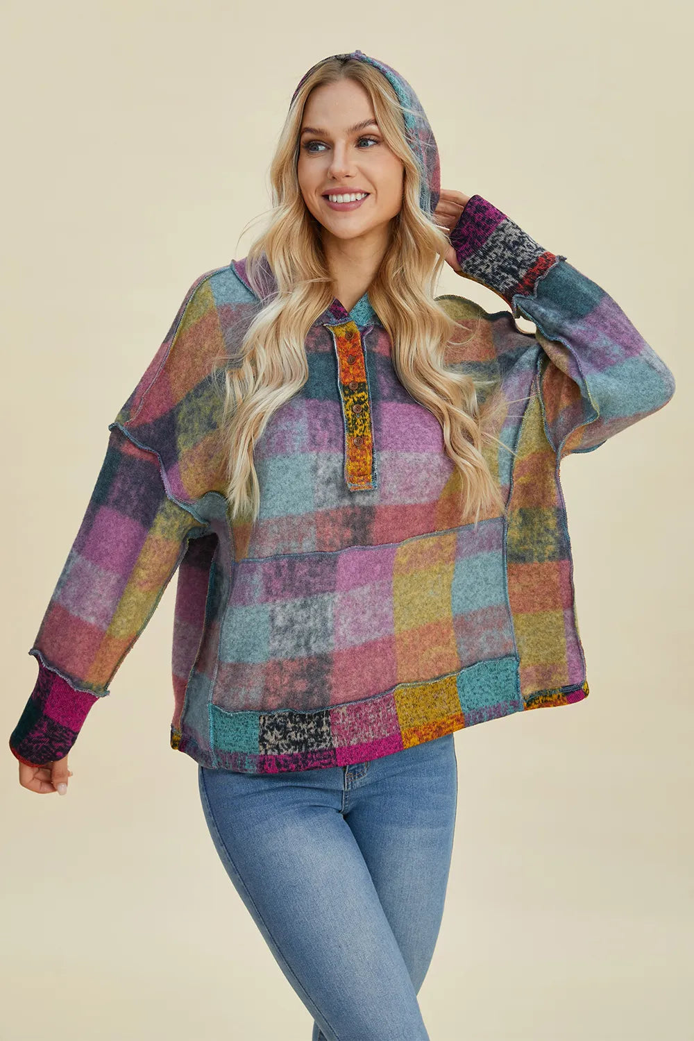 Full Size Plaid Dropped Shoulder Fleece Hoodie Plus (22)