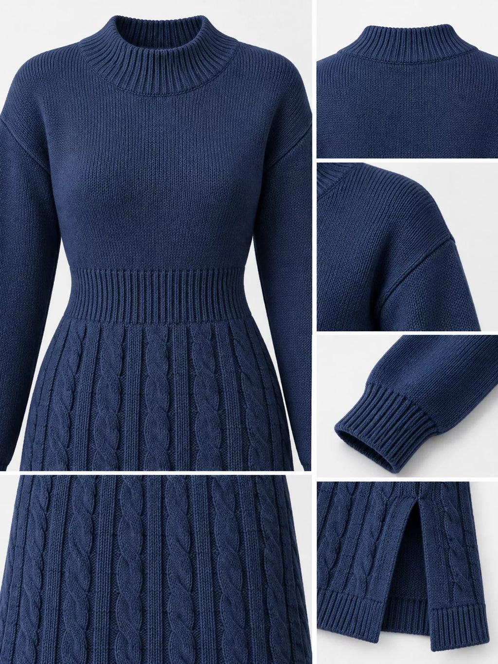 Full Size Mock Neck Cable Knit Sweater Dress Front Slit Plus (54)