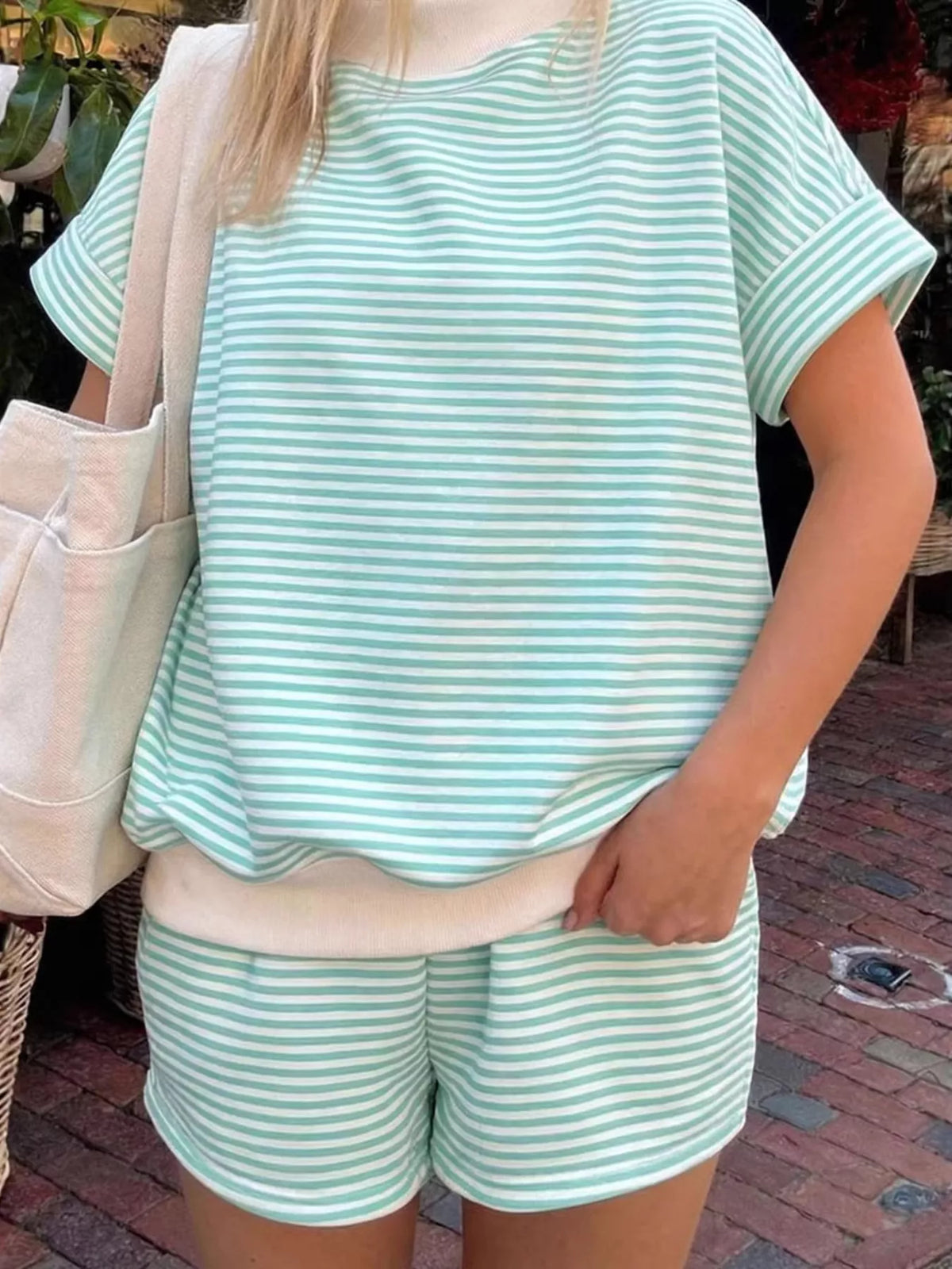 Full Size Striped Round Neck Tee Shorts Set Plus (3)