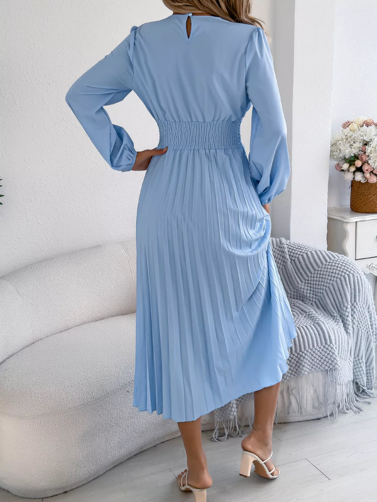 Smocked Pleated Long Sleeve Midi Dress (19)