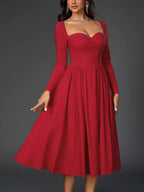 Sweetheart Neckline Long Sleeve A-line Midi Dress (2)