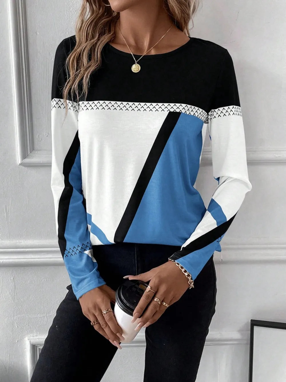 Contrast Round Neck Long Sleeve T-shirt (6)