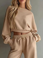 Round Neck Cropped Sweatshirt Wide-leg Pants (14)