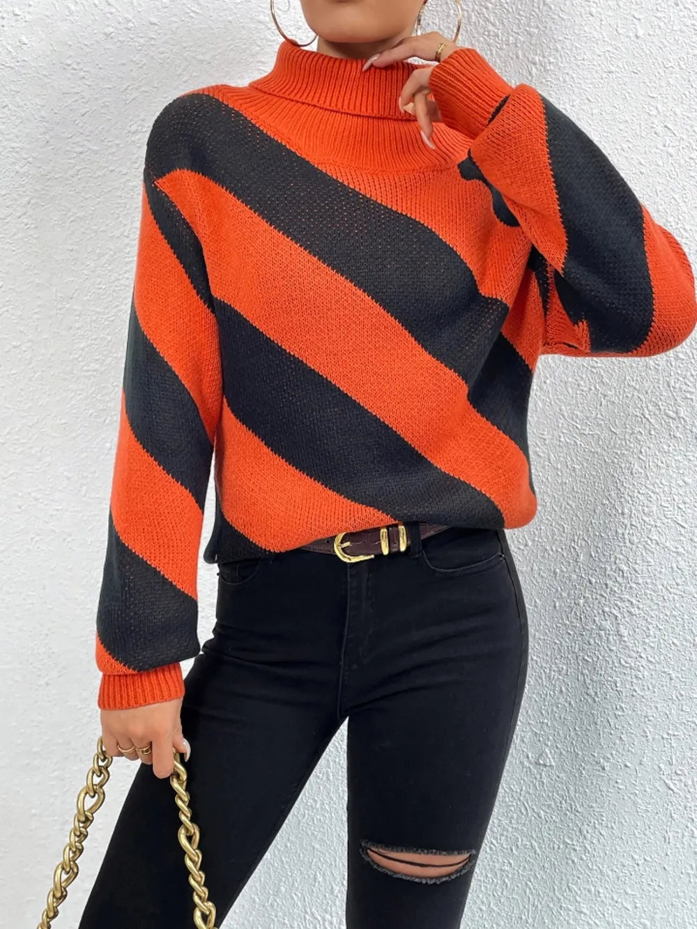 Striped Turtleneck Dropped Shoulder Sweater (4)