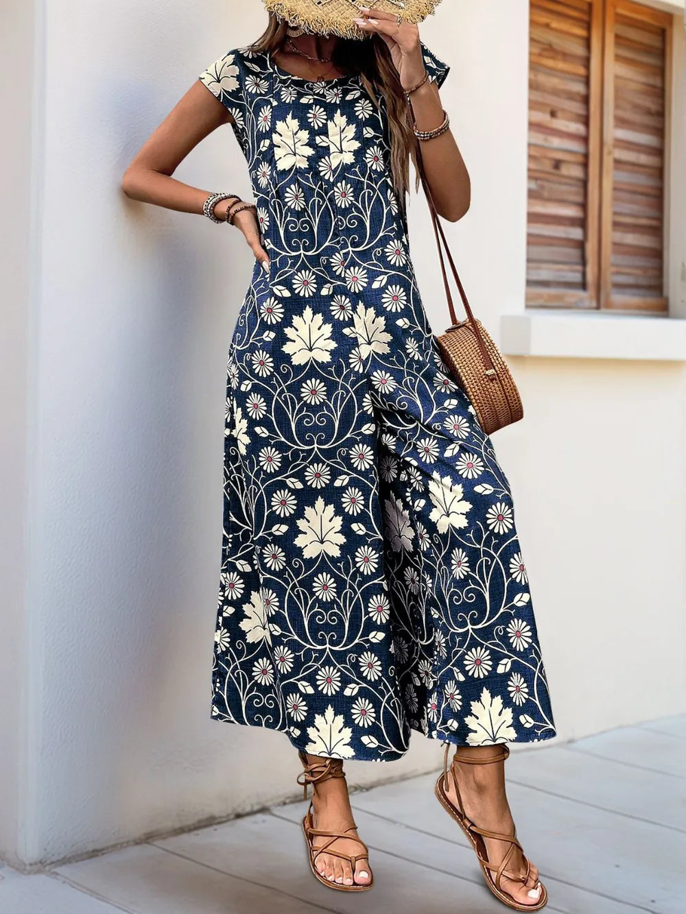 Printed Round Neck Cap Sleeve Wide Leg Jumpsuit (7)