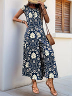 Printed Round Neck Cap Sleeve Wide Leg Jumpsuit (7)