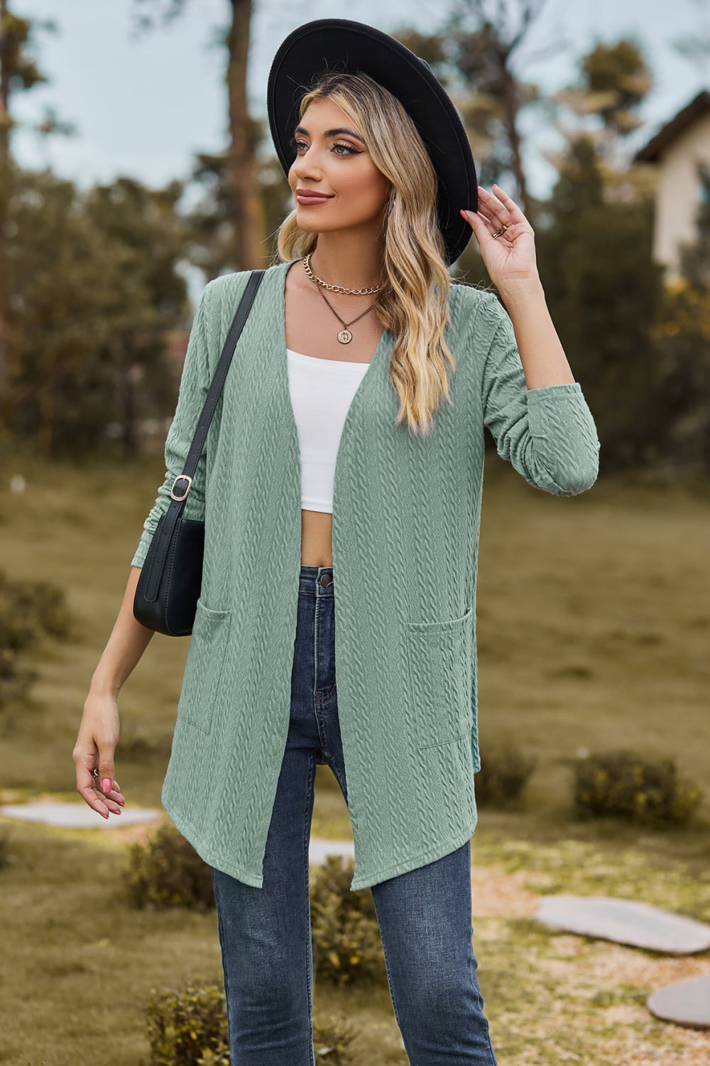 Cable-knit Long Sleeve Cardigan Pocket (3)