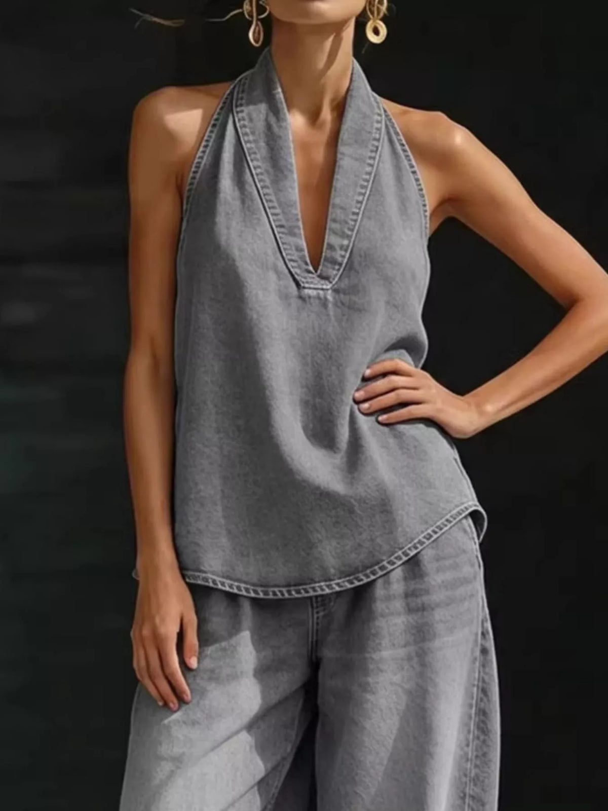 Full Size Halter Neck Top Wide Leg Pants Plus (6)