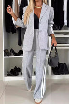 Full Size Contrast Lapel Collar Top Pants Set