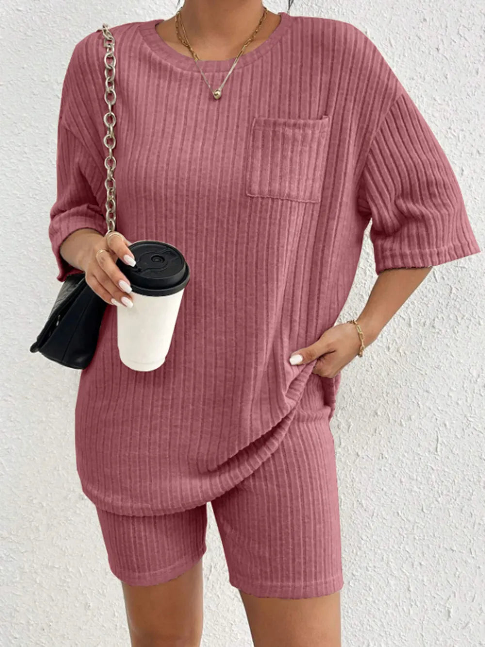 Ribbed Round Neck Top Shorts Set (25)