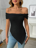 Ribbed Off-shoulder Asymmetrical Hem T-shirt (8)