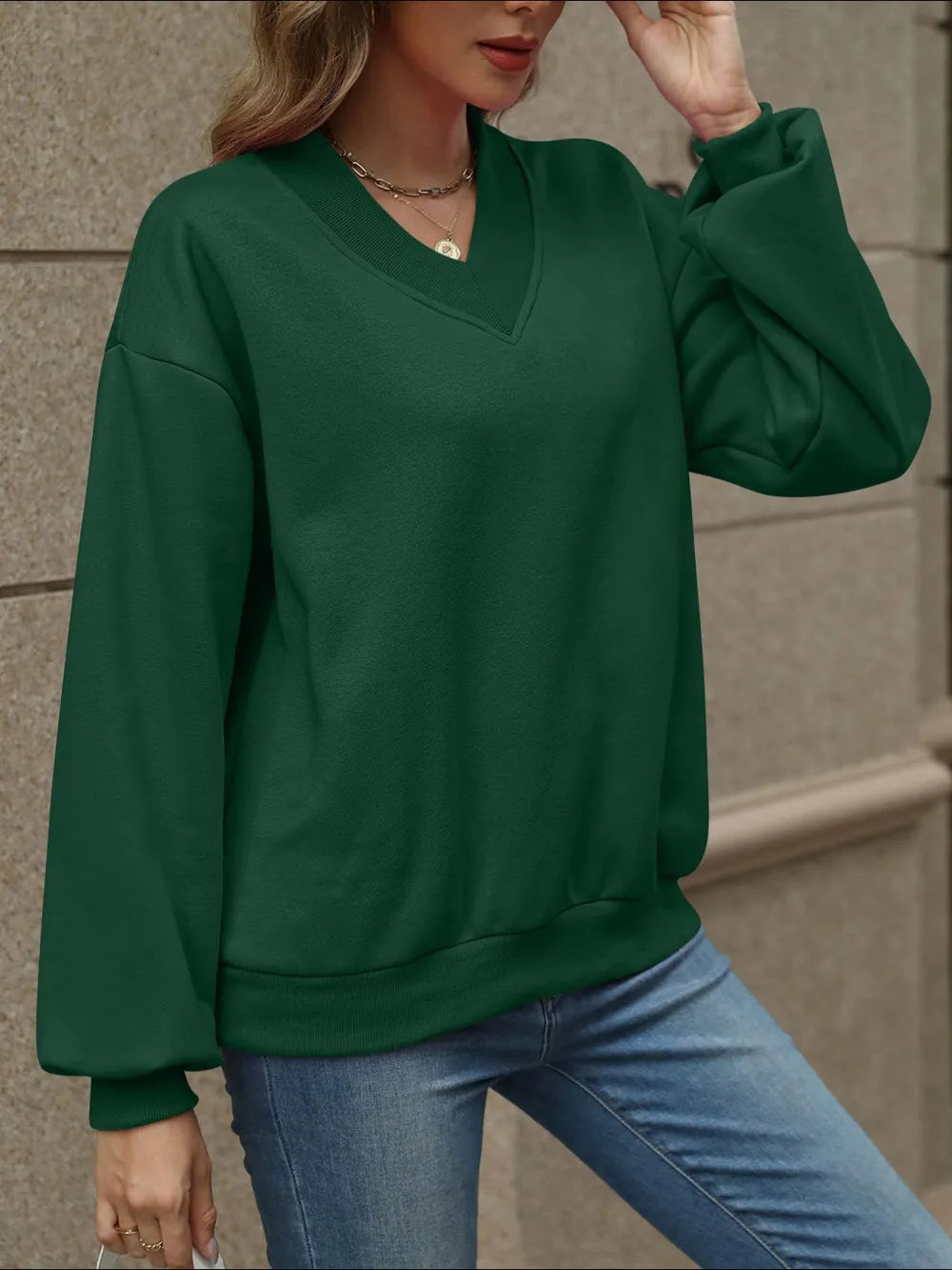 V-neck Long Sleeve Dropped Shoulder Sweatshirt (34)