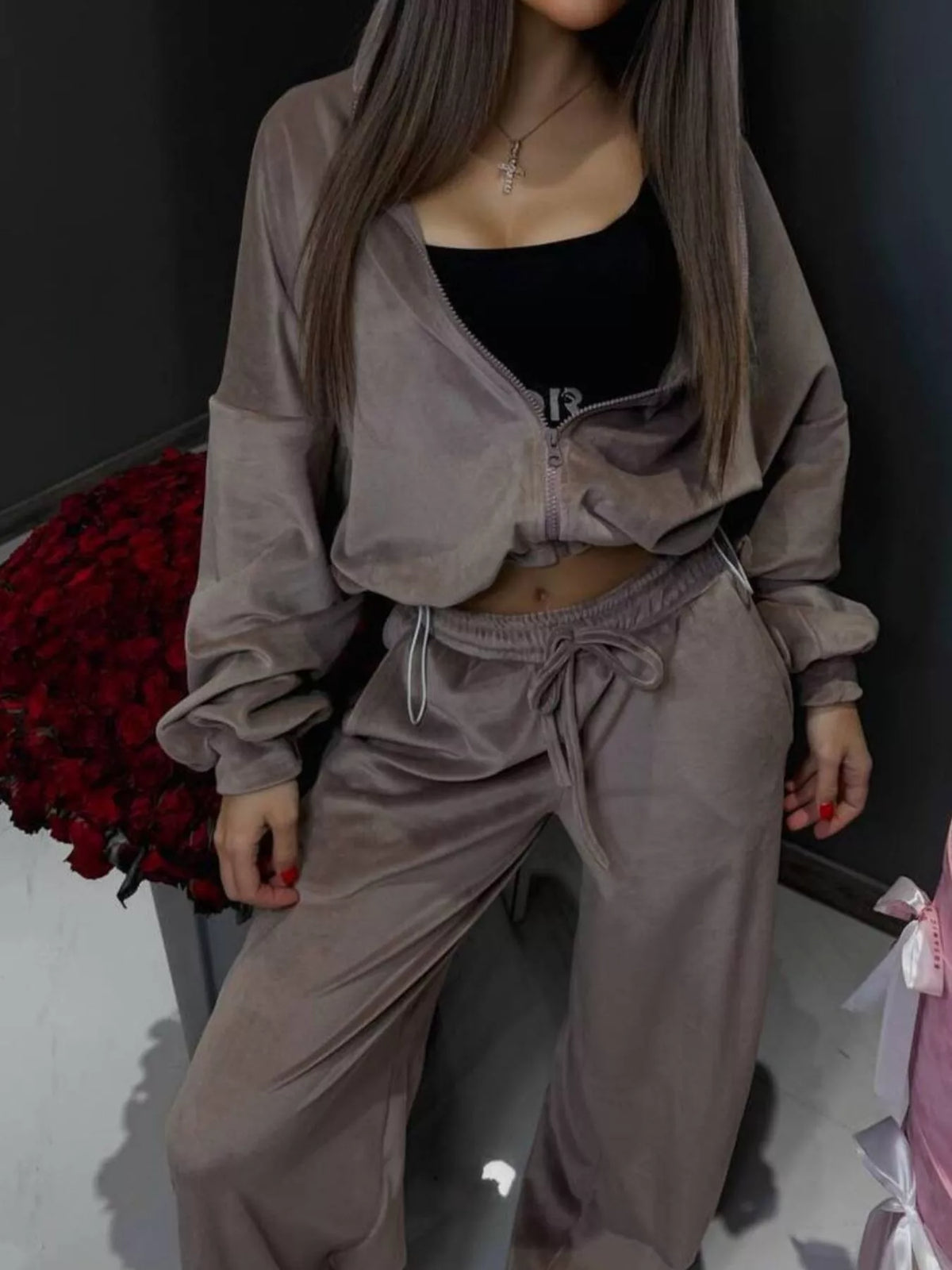 Zip Up Hoodie Wide-leg Pants Set (11)