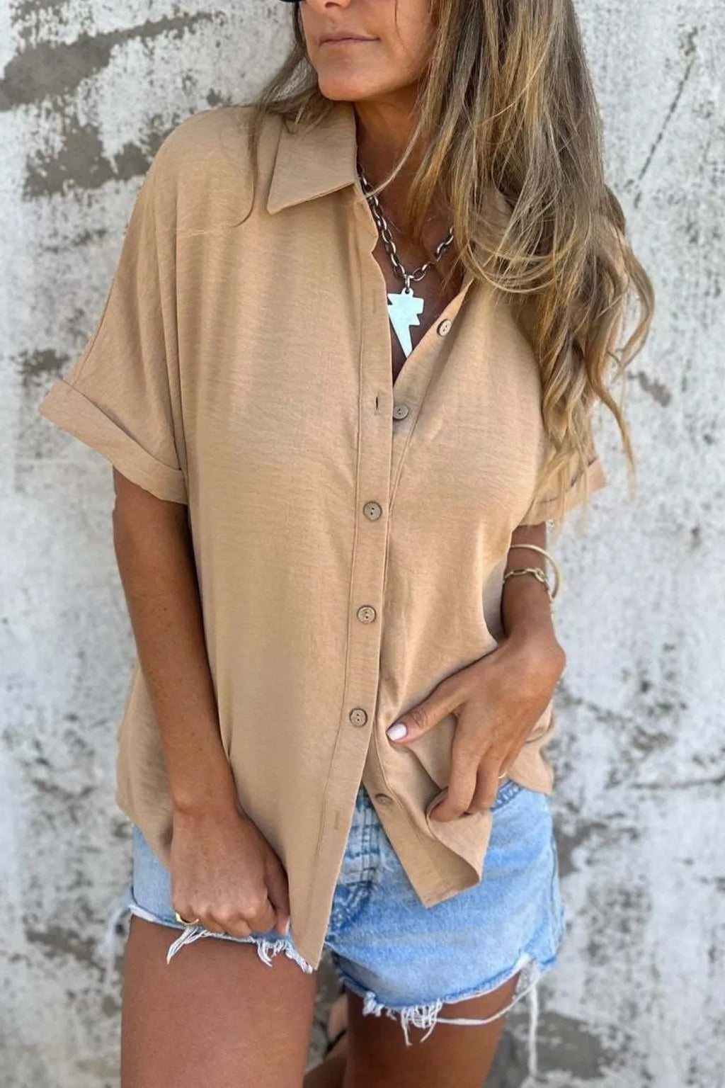 Full Size Casual Button Down Short Sleeve Loose Shirt Plus (16)