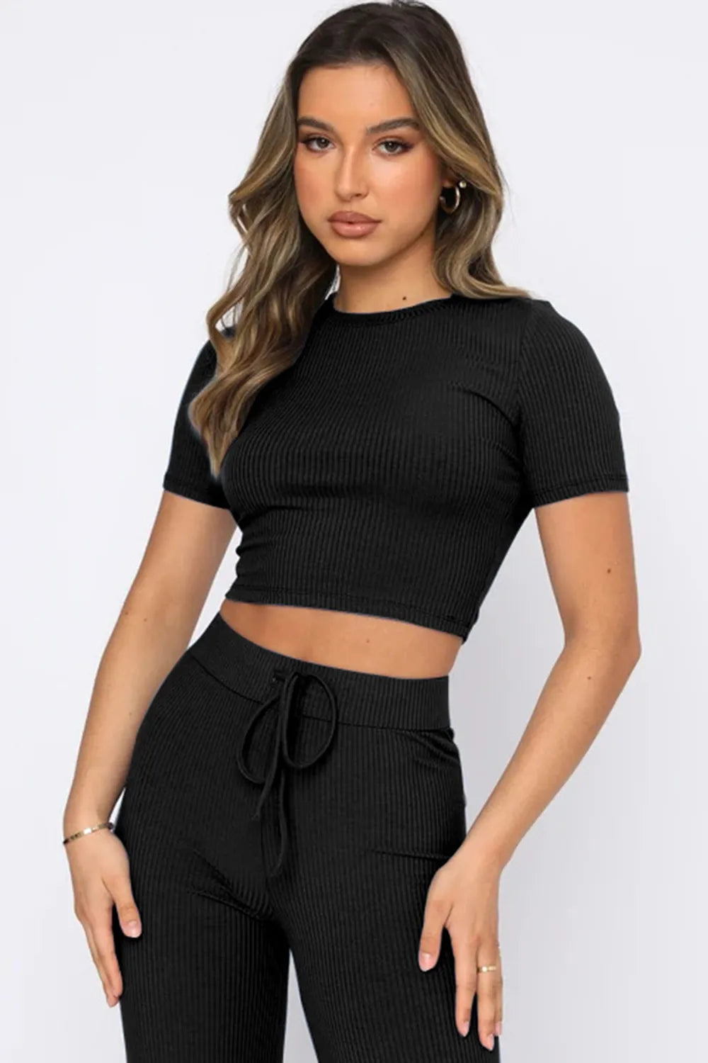 Round Neck Short Sleeve Top Pants Set (13)