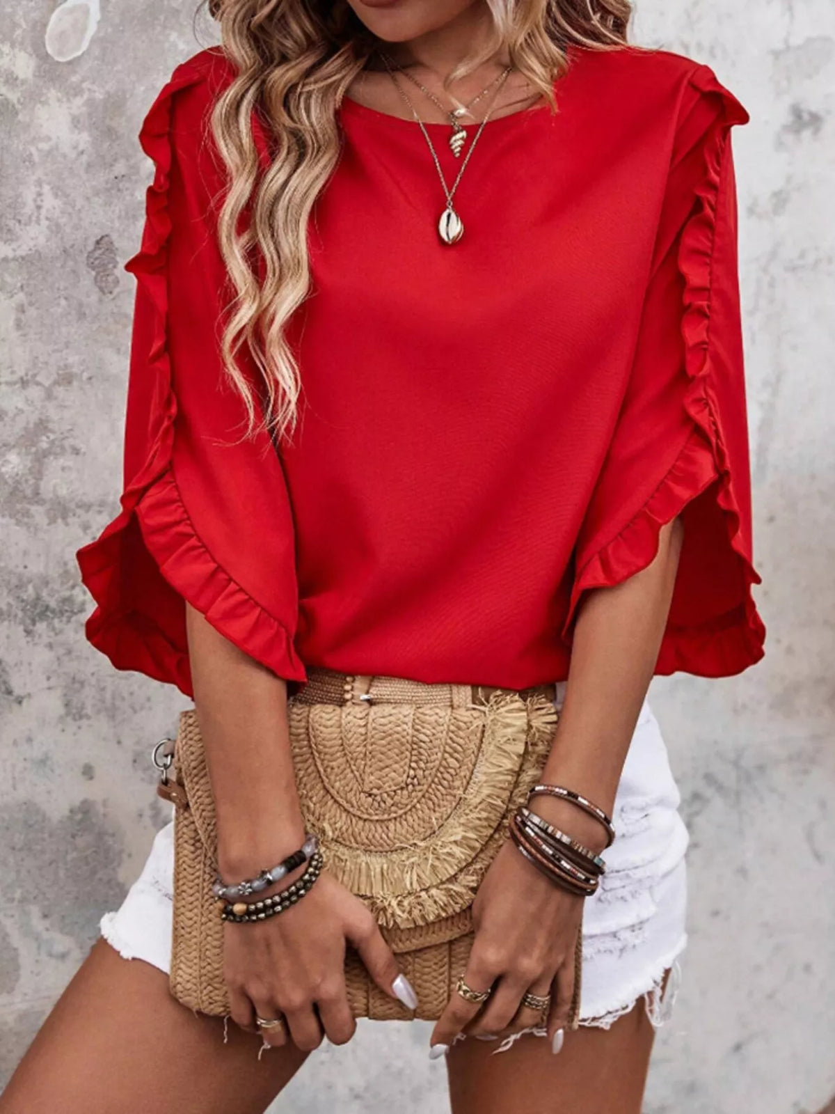 Ruffle Sleeve Solid Color Blouse (4)