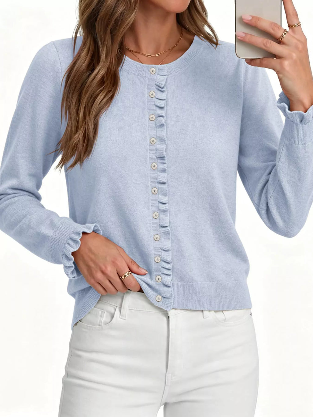 Ruffle-trimmed Button-down Knit Cardigan (12)