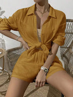 Dropped Shoulder Button Up Top Elastic Waist Shorts Set (28)